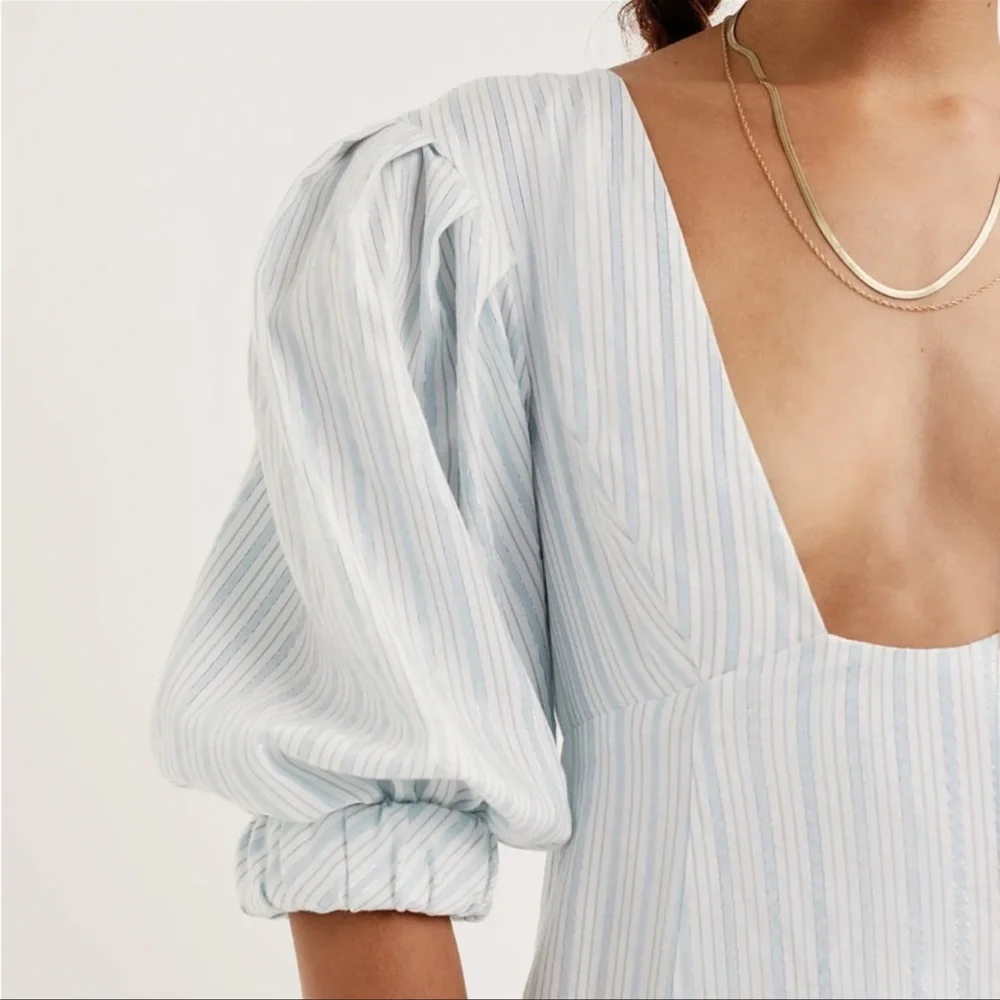 NWT For Love and Lemons Leslie Mini Dress Light Blue Size XS Metallic Stripe - Picture 2 of 10